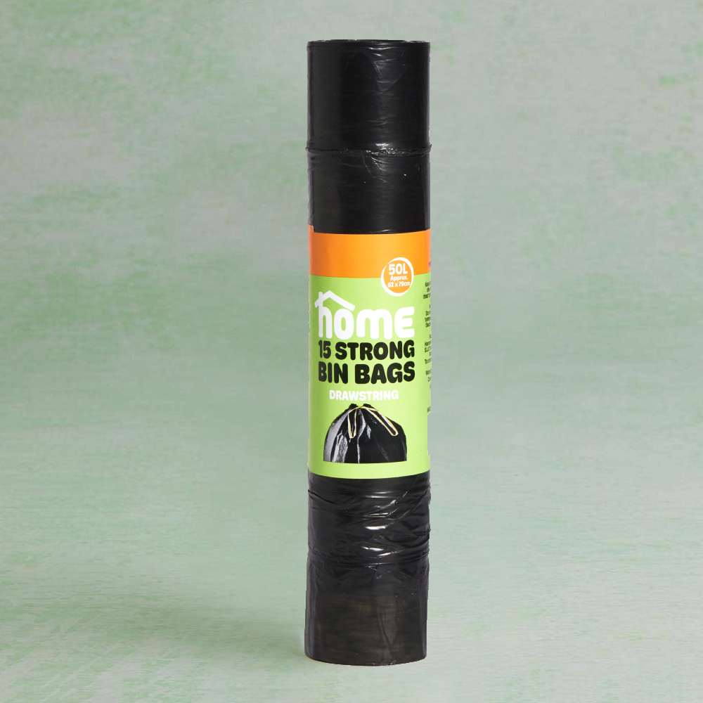 HOME Extra Thick 50L Drawstring Bin Bags, 15 Pack